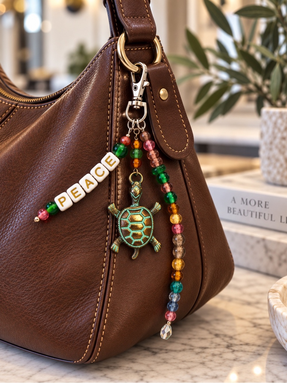 Handmade Beaded Turtle Bag Charm with Message of PEACE